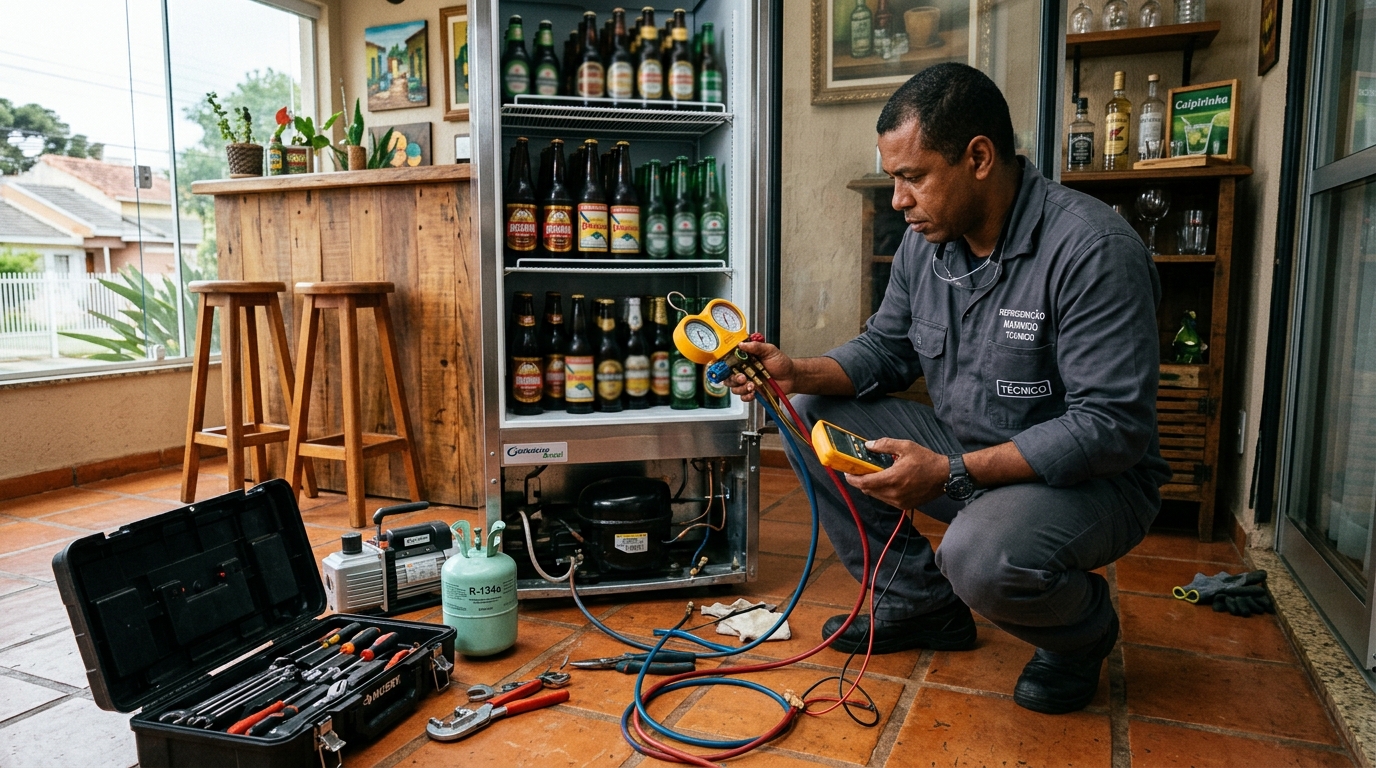 Técnico realizando manutenção de motor de cervejeira em Candelária, Natal‑RN