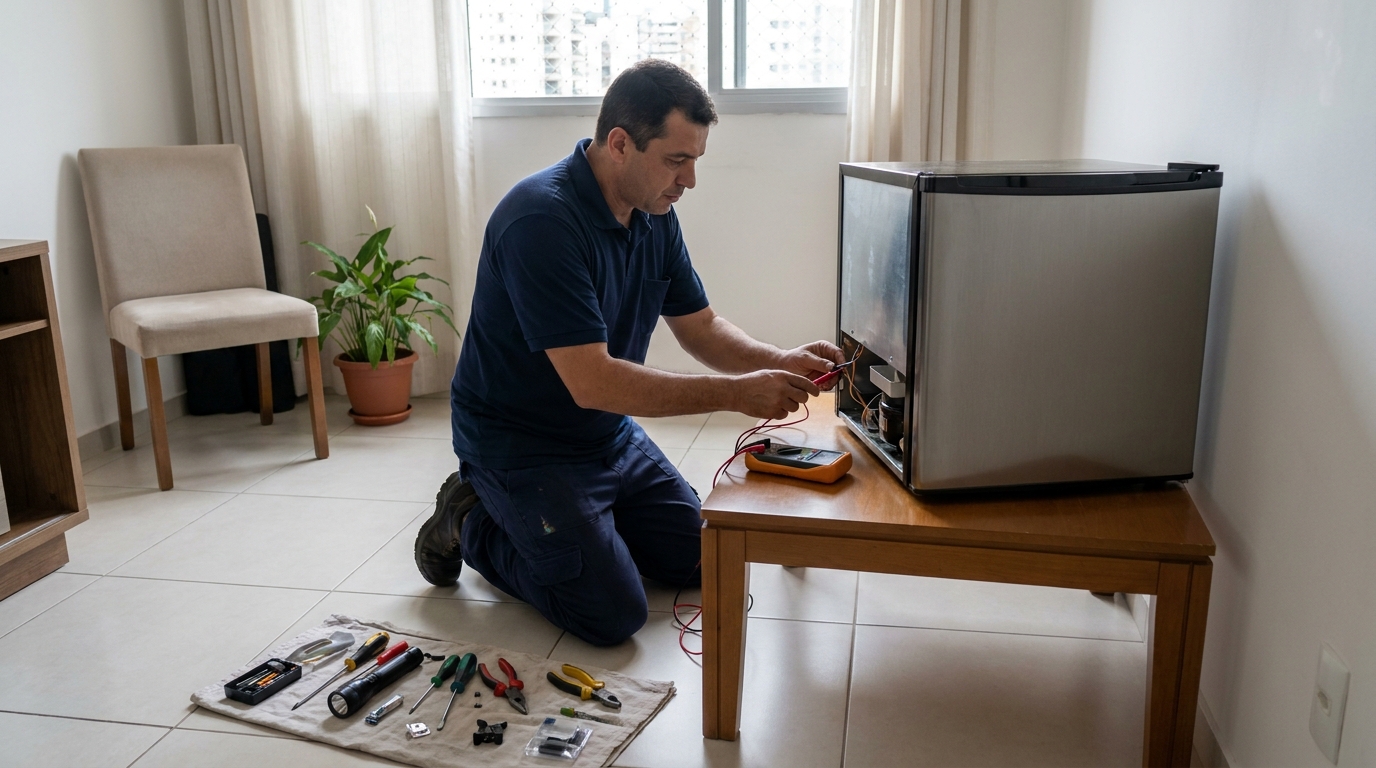 Técnico realizando manutenção de motor de frigobar nas Rocas, Natal‑RN