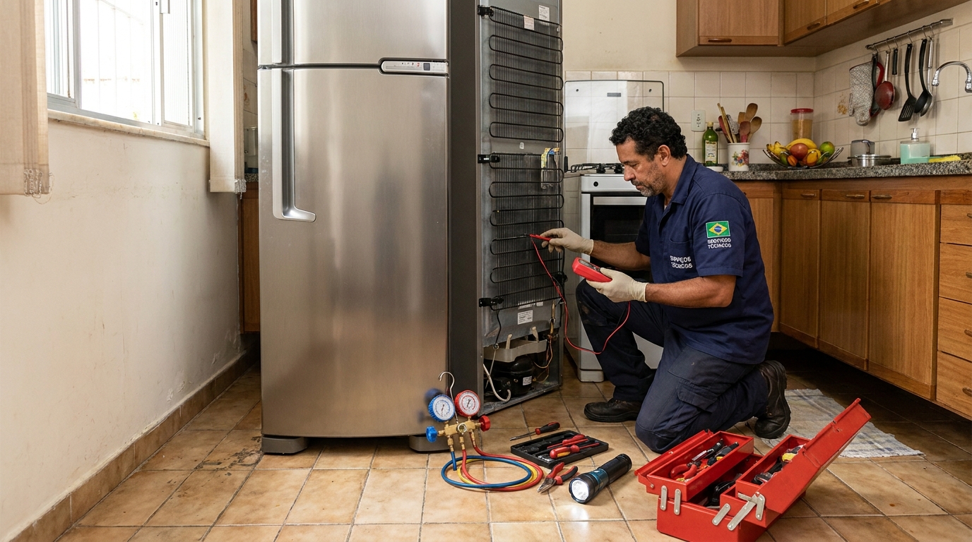 Técnico realizando manutenção de motor de geladeira na Cidade Nova, Natal‑RN