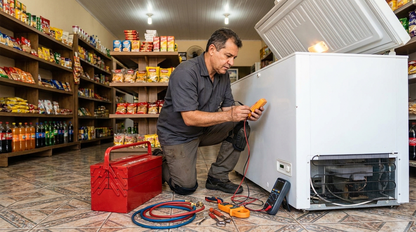 Recarga de gás refrigerante em freezer em atendimento no Tirol, Natal‑RN