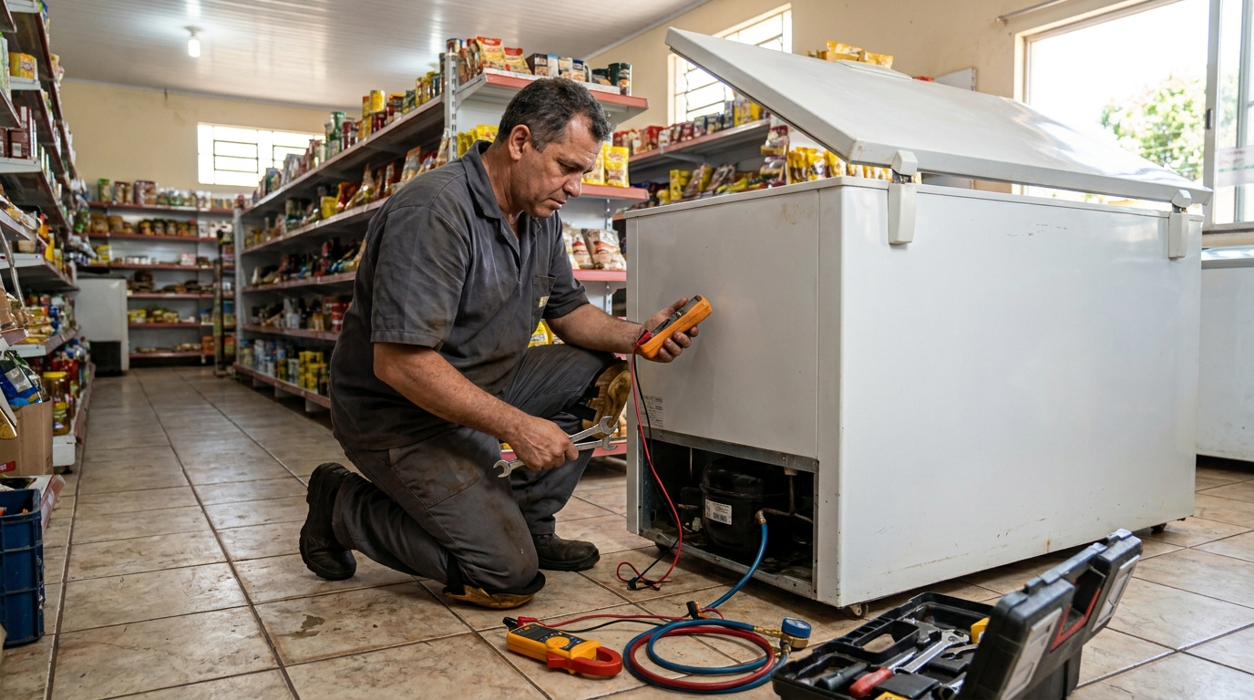 Troca de termostato de freezer em atendimento técnico no Tirol, Natal‑RN